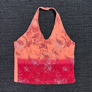 Faded Glory Y2K 2000s Orange Paisley Halter Top Stretch Rave Hawaiian Size XL